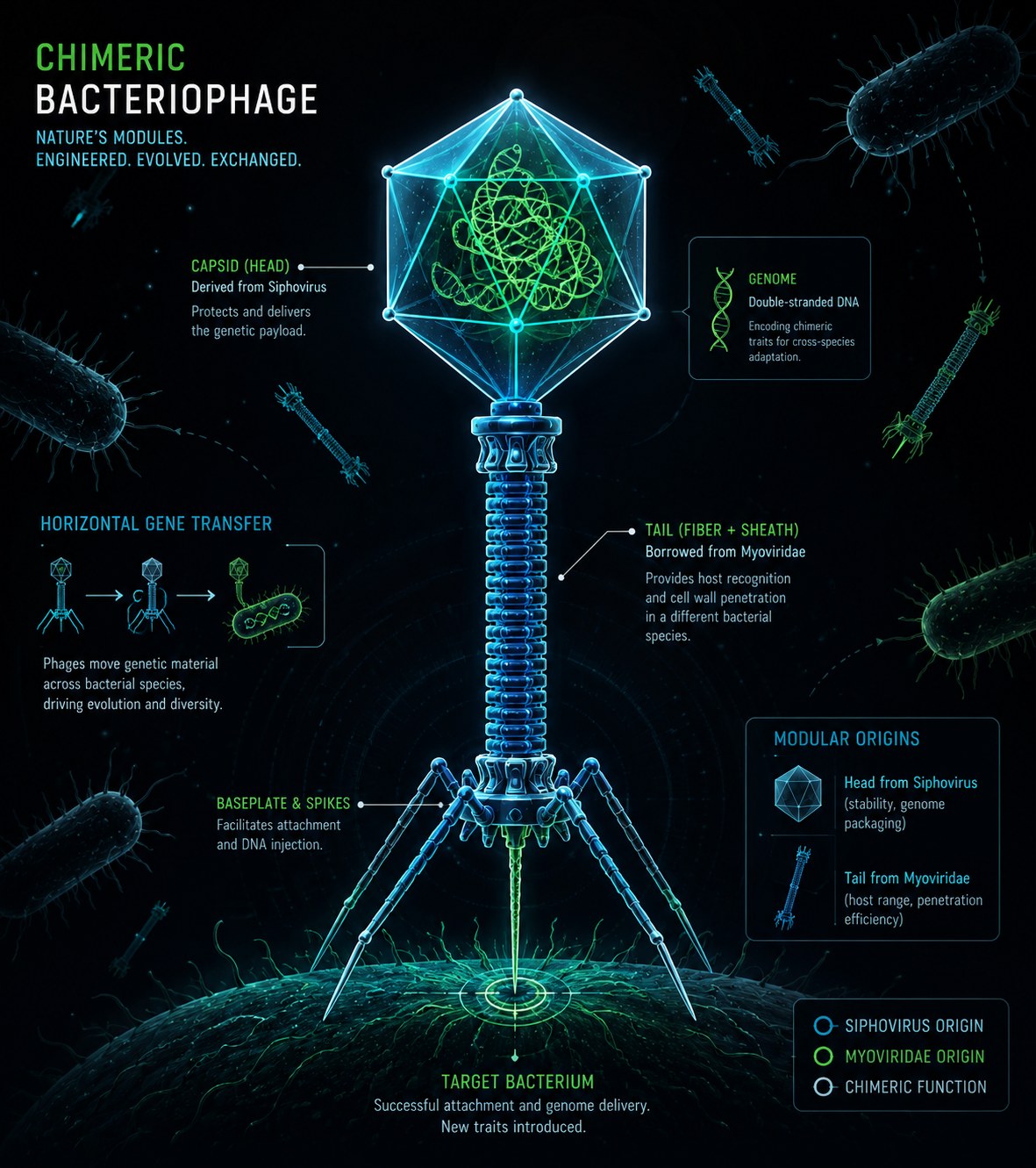 Una partícula quimérica: la cápside de un ADN parásito (cf-PICI) que adquiere la cola de un virus vecino para infectar a bacterias de otras especies.