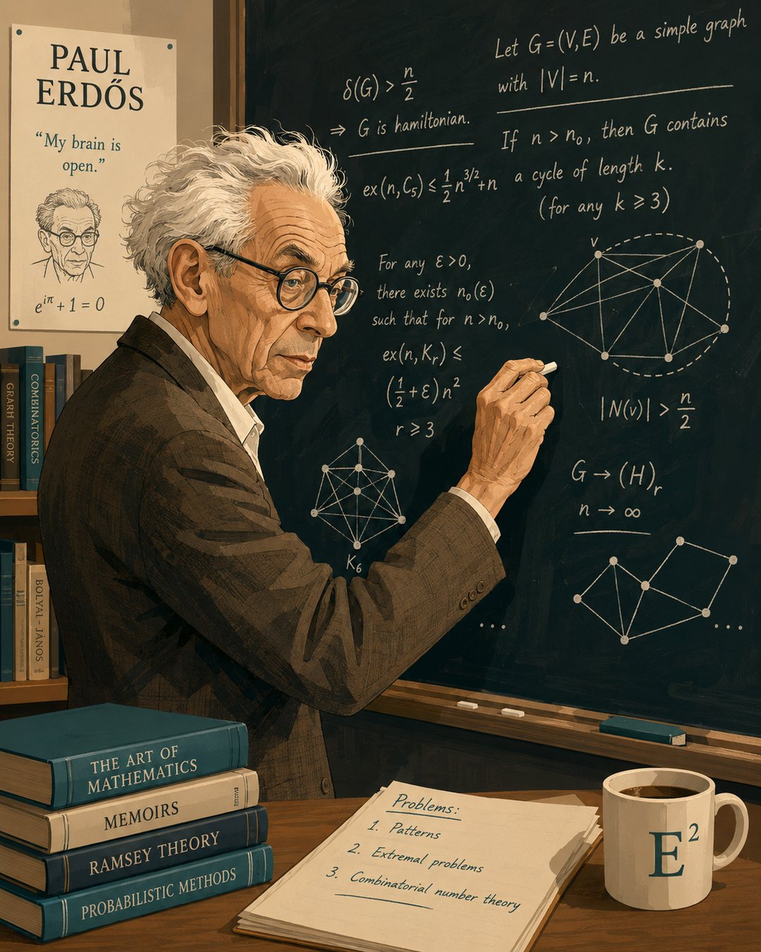 Ilustración de Paul Erdős (1913-1996), uno de los matemáticos más prolíficos del siglo XX, frente al pizarrón.