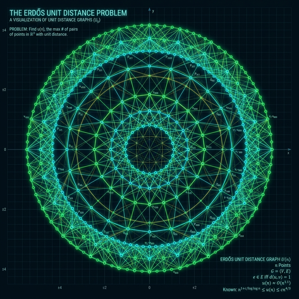 Visualización de un grafo de distancia unitaria (U_n) con múltiples anillos concéntricos estructurados radialmente, similar a la topología descubierta por el modelo de IA.